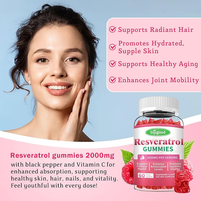 2000mg Organic Resveratrol Gummies for Women - Sugar Free Resveratrol-Nutritional-Supplements for Antioxidant Support, Cellular Health, Immunity, Brain & Energy, Raspberry Flavor, 60 Count