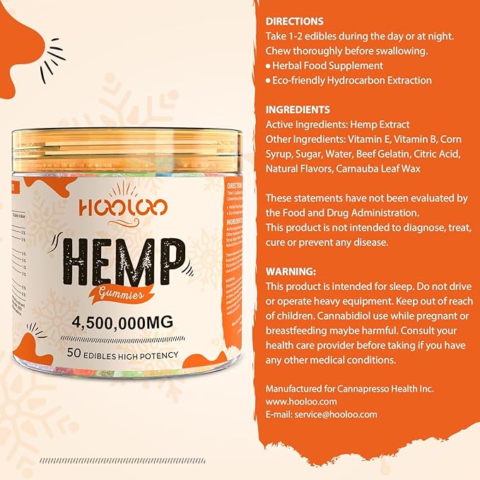 HOOLOO Hemp Gummies for Deep Bedtimes, Unwind, Focus - 6 Fruity Flavors Big Cubes Gummy Infused Vitamins Omega 3 - Extra Stength 4,500,000mg for Adults - Made in USA