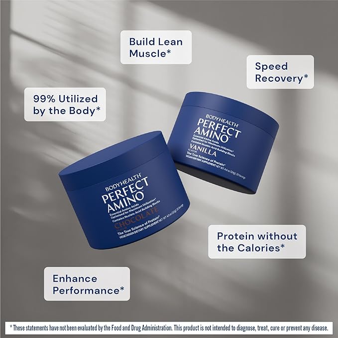 BodyHealth PerfectAmino Powder - BCAA and EAA Powder for Pre and Post Workout - Amino Acid Energy Drink for Men and Women to Support Lean Muscle and Recovery - Vanilla - 20 Servings