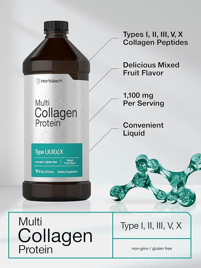 Horbaach Multi Collagen Protein 16 fl oz | Fruit Flavor | Liquid Collagen Peptides | Type I, II, III, V, X | Non-GMO, Gluten Free Supplement