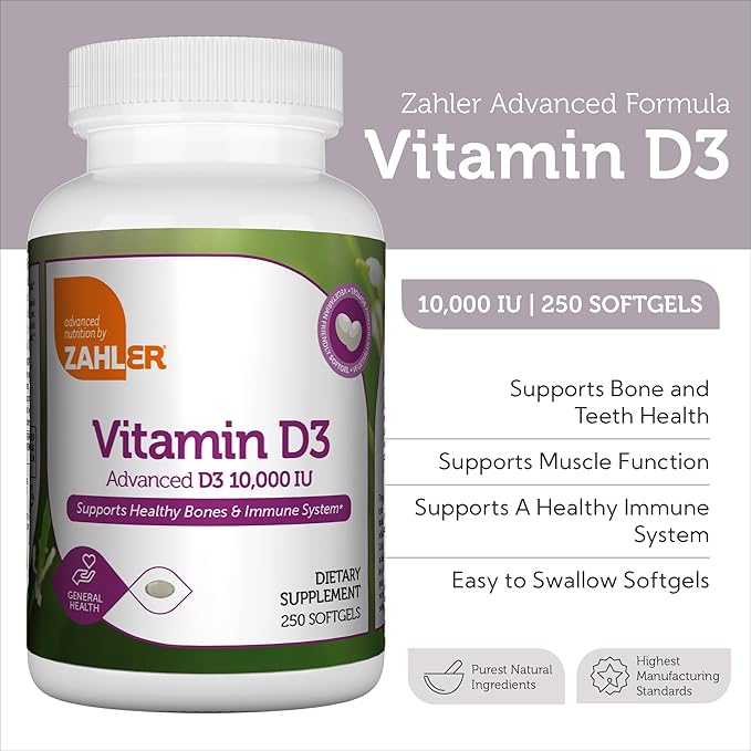 Zahler - Advanced Vitamin D3 10,000 IU Softgels (250 Count) Kosher Vegetarian Friendly Vitamin D for Immune Support, Bone, Teeth & Muscle Health - Easy Swallow VIT D 3