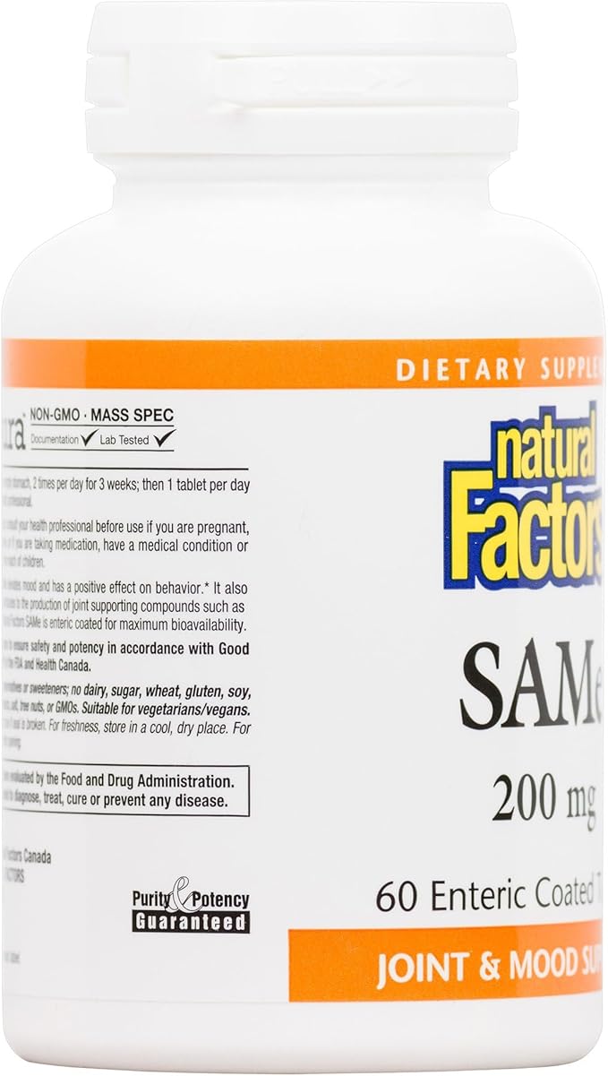 Natural Factors, SAMe 200 mg, Helps Elevate Mood and Improve Joint Health, 60 tablets (60 servings)
