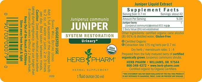 Herb Pharm Certified Organic Liquid Extract for Urinary System Support Juniper 1 Fl Oz