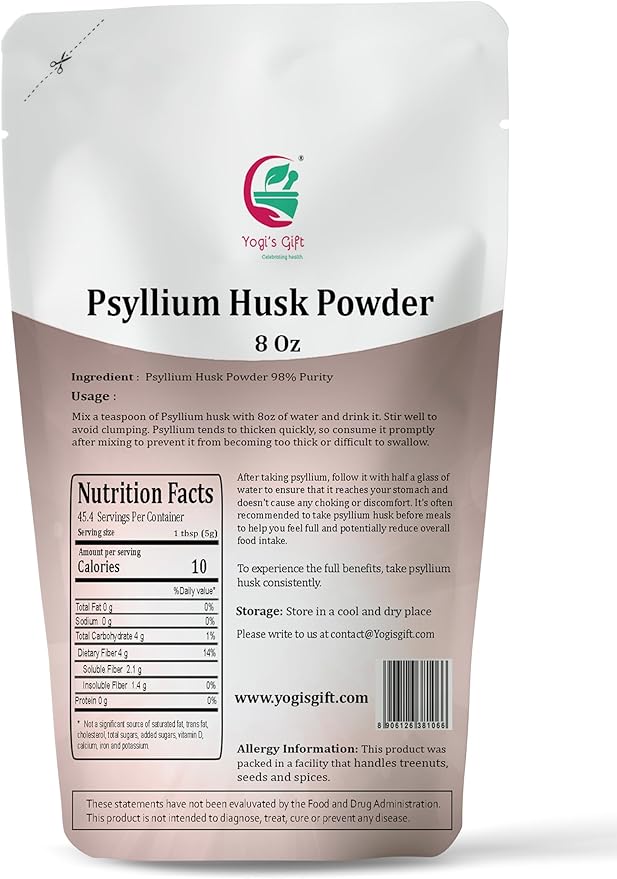 Psyllium Husk Powder 8 oz | 98% Purity | Daily Fiber for Baking, Smoothies, Cooking, and Beverages | Unflavored, Fine Ground, Non-GMO | Keto Friendly Soluble Fiber Supplement by Yogi's Giftยฎ