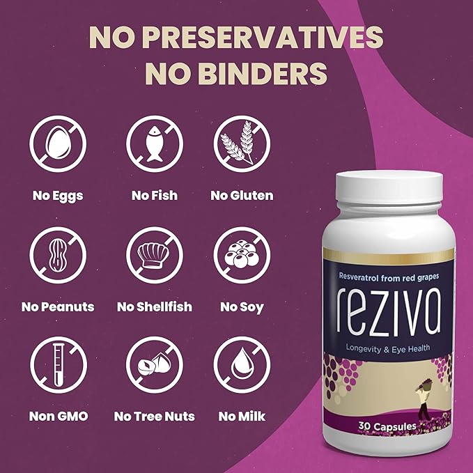 Reziva Resveratrol Supplement - Ultra High Potency & Doctor Formulated - Transresveratrol Supplements - Grapeseed With Resveratrol - For Longevity, Eye Health And, Overall Well-Being - 30 Veg Capsules