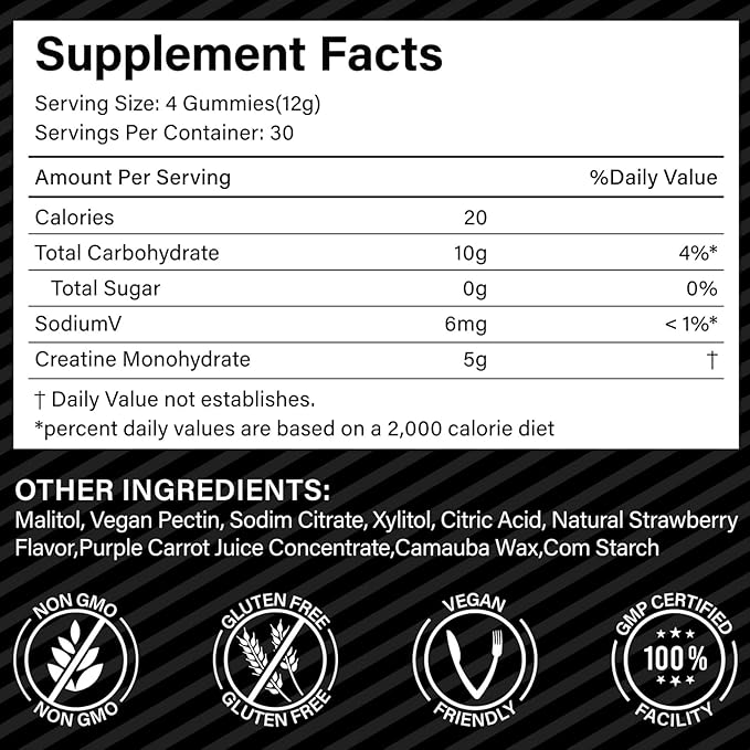 Creatine Monohydrate Gummies 5000mg for Men & Women, Creatine Monohydrate, L-Taurine, Vitamin B12 for Muscle Growth, Strength, Focus, Energy & Health, Sugar Free, Vegan, Strawberry Flavor, 120 Count
