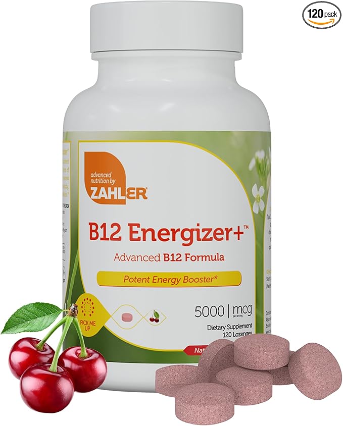 Zahler Energizer+ Vitamin B12-5000 mcg Vitamin B12 - Natural Cherry Flavor Dissolvable Lozenges - Kosher Gluten Free Non-GMO B12 Vitamins 5000 mcg, Energy Boost, Made in USA (120 Count)