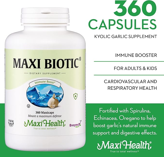 Maxi Health - Maxi Biotic Aged Garlic Extract Capsules (360 Count) | Kyolic Garlic Supplement with Spirulina, Echinacea, Oregano and Enzymax - Natural Antioxidant - Wellness Support