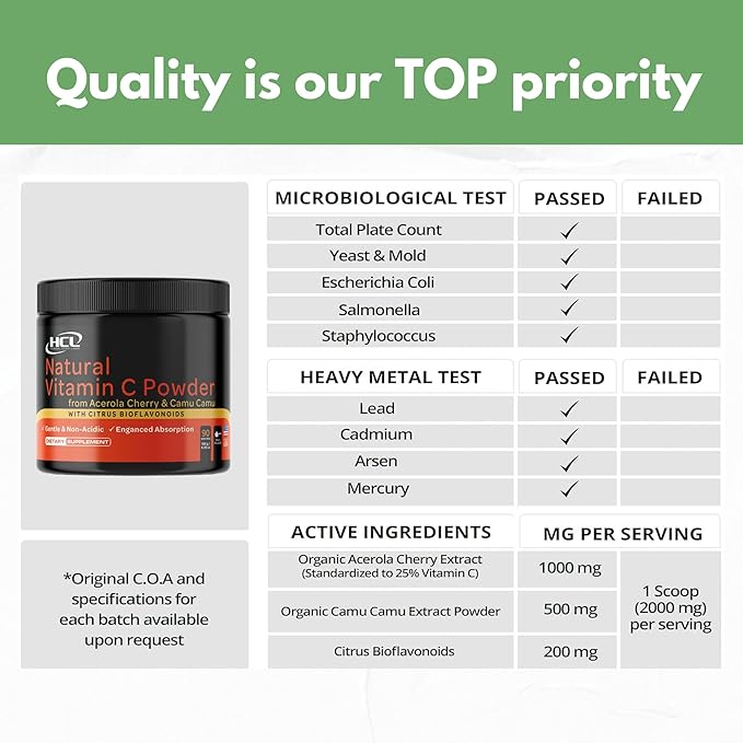 Natural Vitamin C from Organic Acerola Cherry & Camu Camu Powder - High Absorption with Citrus Bioflavonoids - Immune System & Collagen Booster - Anti Aging Skin Vitamins Made in USA 90 servings