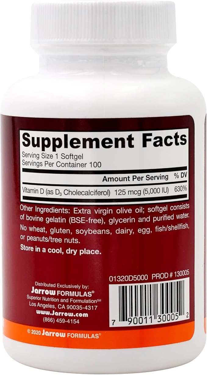Jarrow Formulas Vitamin D3 5000 IU, 100 Softgels, Pack of 2