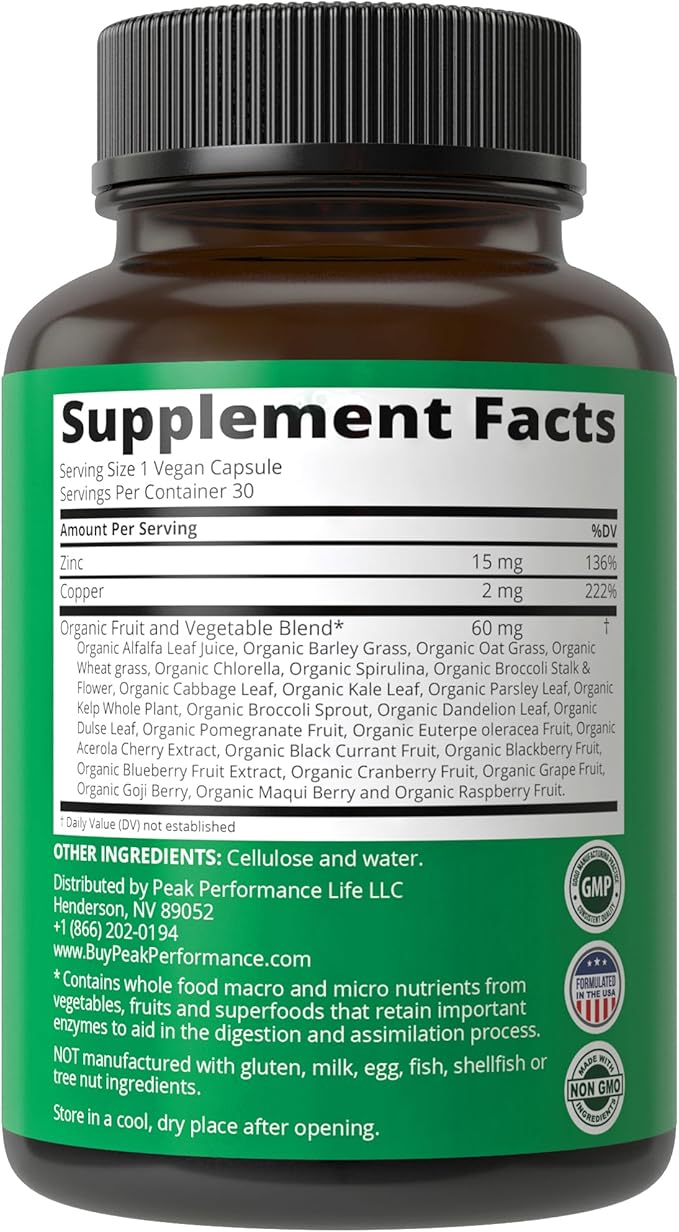 Zinc with Copper + Whole Food Blend of 25 Vegetables and Fruits for Max Absorption. Immune Support Supplement Capsules. Two Essential Minerals for Immunity. Zinc Vitamin Pills for Men and Women.