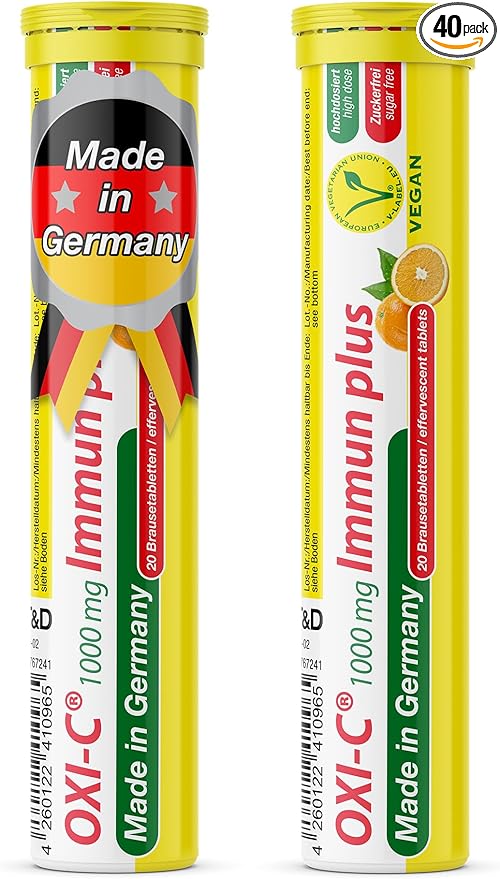 T&D Oxi C 1000 mg Vitamin C - 40 Vegan Drink Effervescent Tablets - Orange Flavor - Made in Germany
