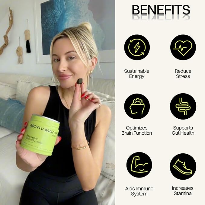 Motiv- Organic Matcha & Mushrooms Gummies, 300 MG Concentrate Matcha Green Tea Natural Energy, Mushroom Blend | Improve Brain Function, Immune Support, Gut Health, Reduce Stress - Vegan, Non-GMO
