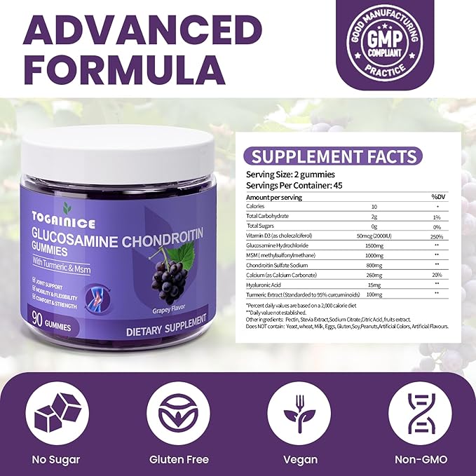 Glucosamine Chondroitin Gummies Sugar Free,Extra Strength 1500mg Glucosamine with MSM & Turmeric,Joint Support Gummies Supplements for Men & Women,for Joint Flexibility & Bone Health, 90 Count V01