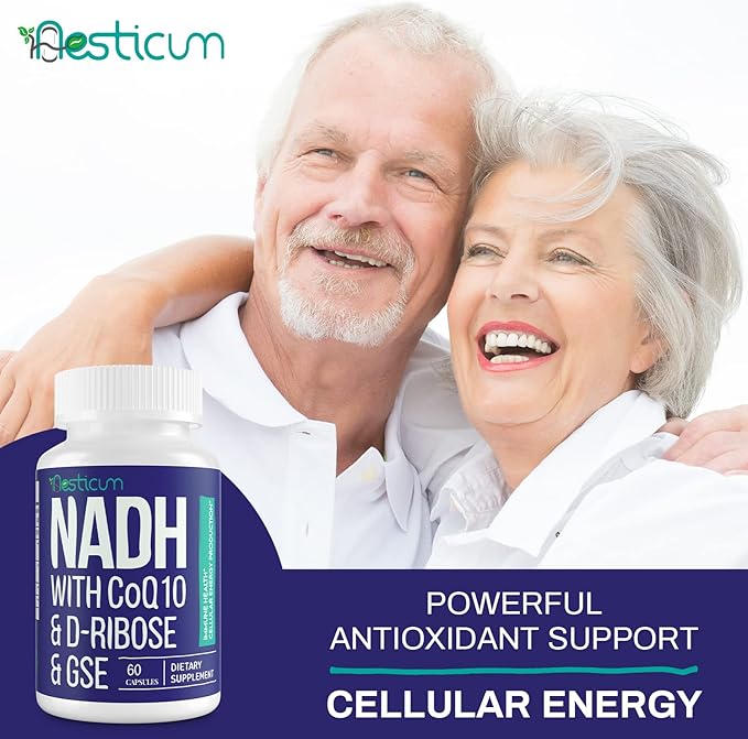 NADH 50mg + CoQ10 200mg + D-Ribose 150mg Supplement, Boosting NAD+ Supplements for Immune System, Cellular Energy, Focus, Reduced Nicotinamide Adenine Dinucleotide, 60 Veggie Capsules