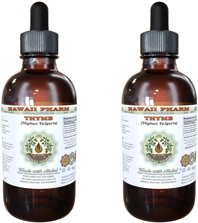 Thyme Alcohol-Free Liquid Extract, Organic Thyme (Thymus Vulgaris) Dried Leaf Glycerite Natural Herbal Supplement, Hawaii Pharm, USA 2x4 fl.oz