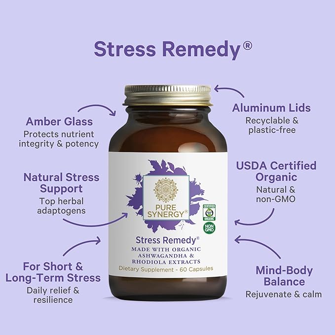 PURE SYNERGY Stress Remedy | Soothing Supplement with Ashwagandha | Organic Adaptogen Support from Rhodiola, Lemon Balm, and Holy Basil | for Stress Relief, Adrenal Health, and Mood (60 Capsules)