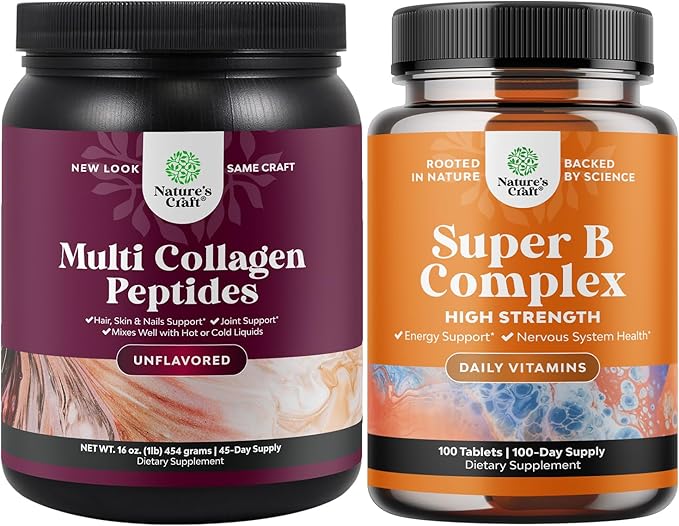 Bundle of Multi Collagen Protein Powder for Women and Men - Hair Skin and Nails Vitamins and Vitamin B Complex Adult Multivitamin for Immune Support Mood Boost and Memory Supplement for Brain Support