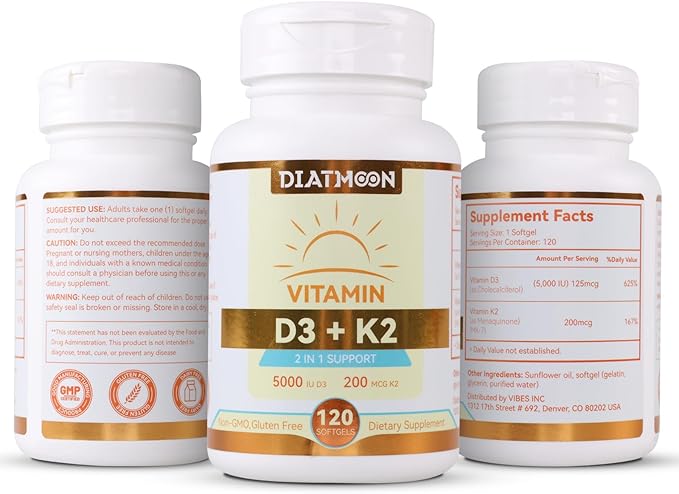 Vitamin D3 K2 Supplement Softgels, Vitamin D3 5000 IU & Vitamin K2 MK7 200 mcg, Bone & Teeth Support, Easy to Swallow - 120 Counts