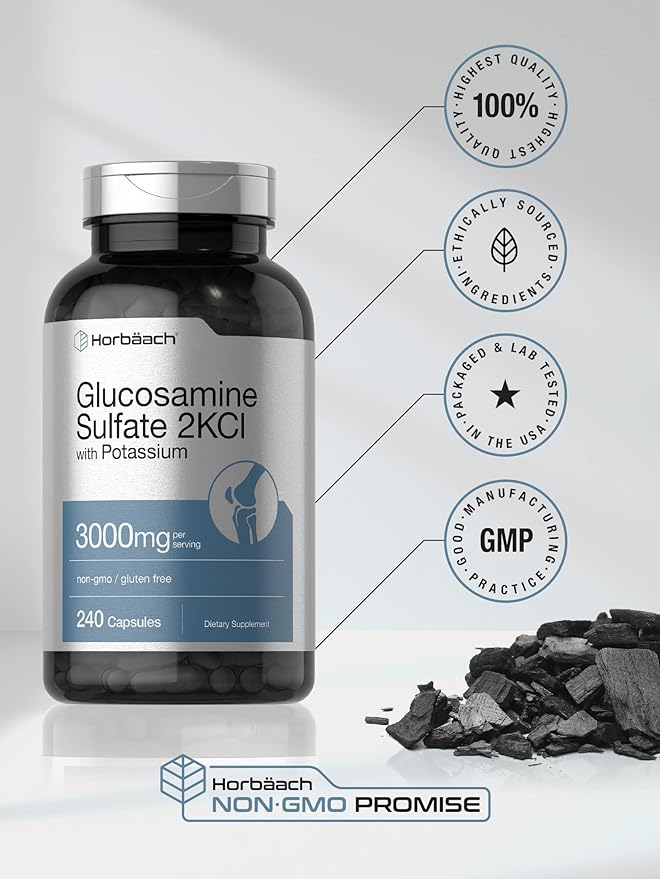 Horbäach Glucosamine Sulfate 2KCI with Potassium | 3000mg | 240 Capsules | Non-GMO and Gluten Free Supplement