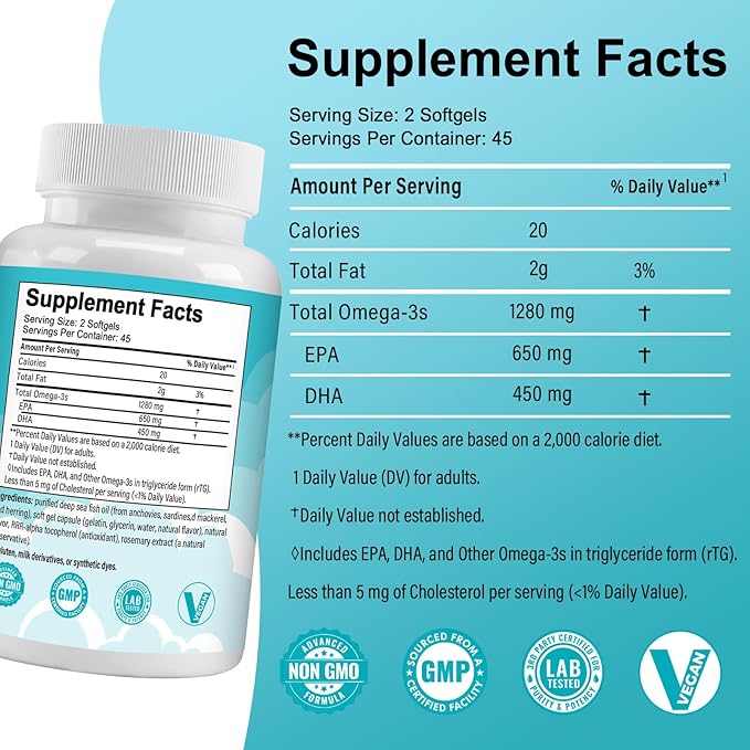 Omega 3 Fish Oil Supplements,Triple Strength Omega 3 Nutritional Supplement with 650mg EPA 450mg DHA Per Serving - Brain, Eye, Heart & Immune Health Support - 90 Softgels (45 Serv)