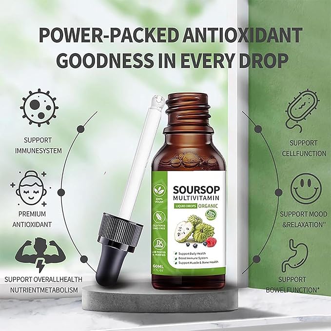 Soursop Bitters Liquid 2 Fl Oz, Soursop Graviola Leaf Extract Liquid Drop, Soursop Multivitamin Liquid Drops Organic for Cell Support, Immune System, Relax