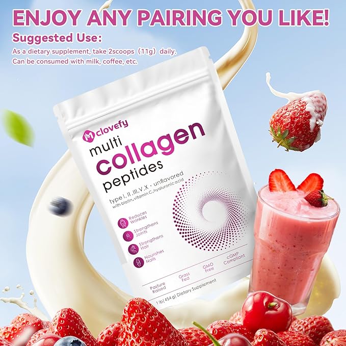 Multi Collagen Peptides Powder, 16 Oz - Protein Supplement, Type I, II, III, V, X with Hyaluronic Acid, Vitamin C and Biotin, Unflavored, Easily Mixes in Drinks(Packaging May Vary)