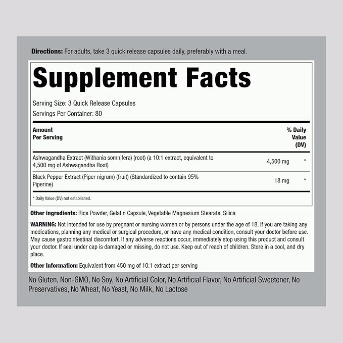Piping Rock Ashwagandha Supplement 4500mg | 240 Capsules | for Women and Men | Extra Strength Herbal Extract | with Black Pepper | Non-GMO & Gluten Free