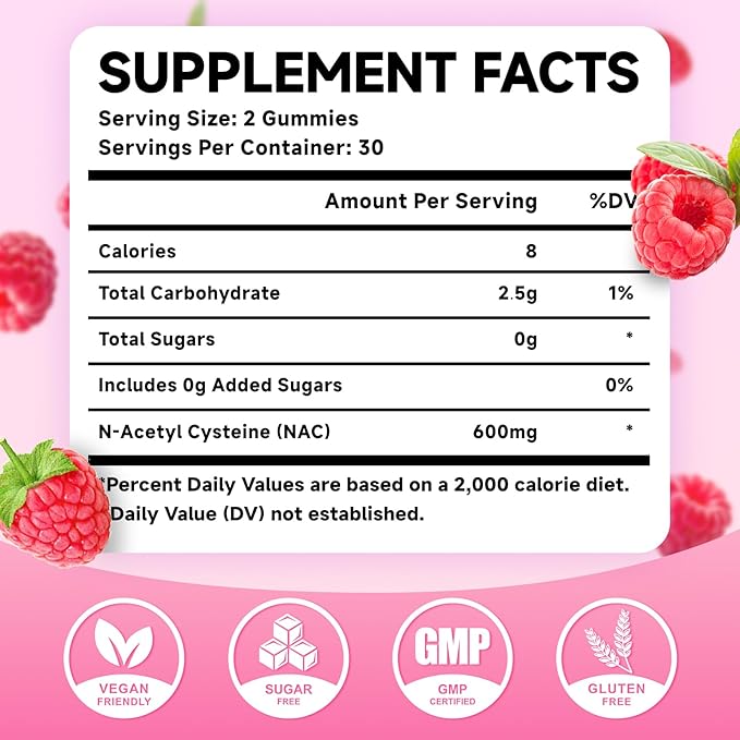 2 Pack NAC Gummies, N Acetyl Cysteine 600mg NAC Supplement for Antioxidants & Immune Support, Lung & Liver Health, Sugar-Free, Raspberry Flavor, 120 Count