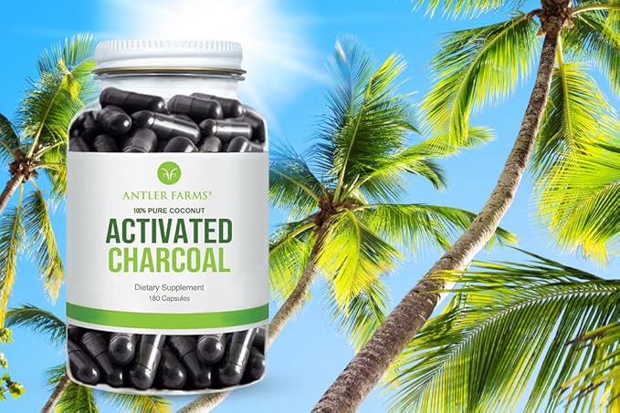 Antler Farms - 100% Pure Coconut Activated Charcoal, 180 Capsules 260mg - Wild Harvested, Virgin Coconut Shell, USP Food Grade, Steam Activated, Ultra Fine