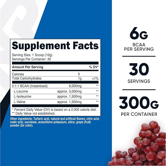 Nutricost BCAA Powder (Grape, 30 Servings) - Optimal 2:1:1 Ratio, Vegetarian, Non-GMO