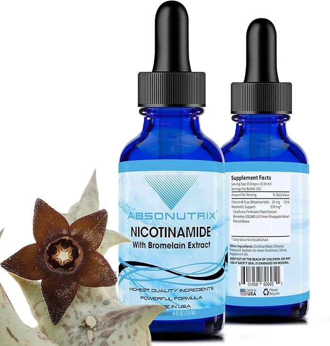 Absonutrix Nicotinamide with Bromelain Extract Advanced Formula 390 mg, 4 Oz Liquid, 302 Servings, Made in USA, Quick Absorption, Quality Potent Ingredients, Non-GMO, GMP Certified Facility