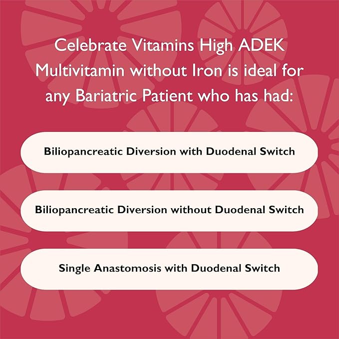 Celebrate Vitamins Multi ADEK, Iron Free – Daily Bariatric Multivitamin, High Level of Vitamins A, D, E, K & B12 for Duodenal Switch Surgery Patients (60 Capsules)