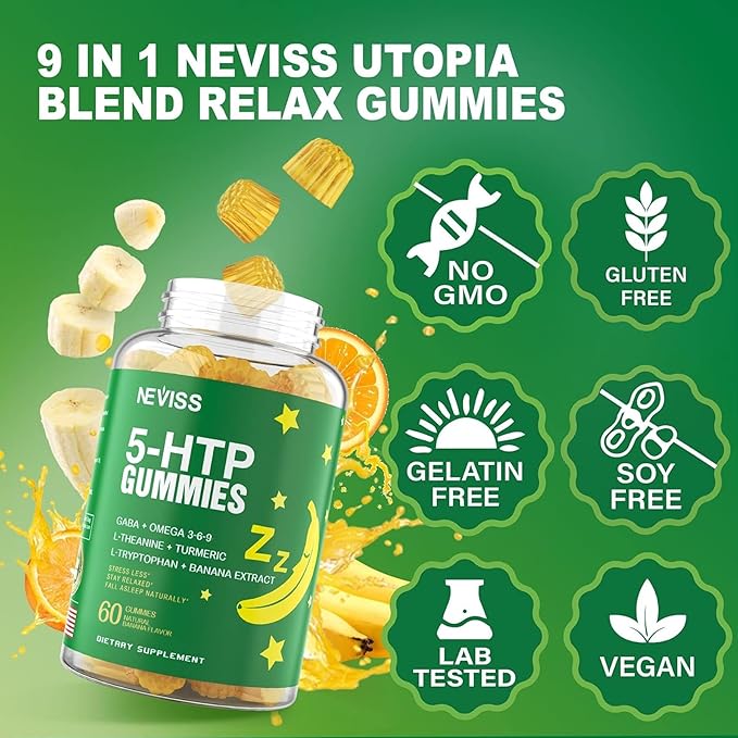 5-HTP GABA Gummies - Melatonin Free Calm & Relaxation Gummies w/Banana Extract, L-Theanine, L-Tryptophan, Omega-3-6-9 for Health Rest Cycle & & Circadian Rhythm, Natural Zzzs, Brain Relax (Pack of 2)