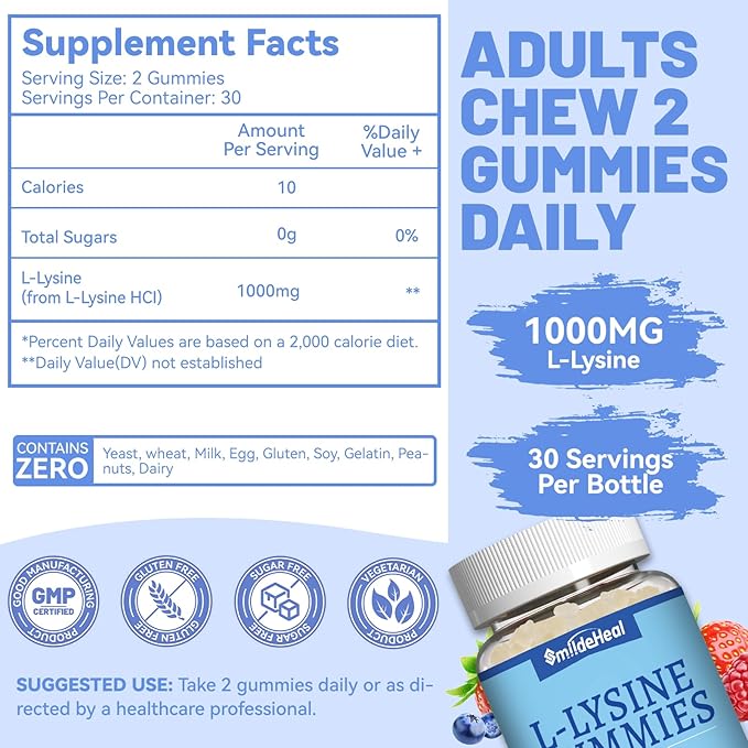 2 Pack L-Lysine 1000mg Gummies, Chewable Lysine Supplement for Adults, Immune Support, Collagen Formation Support, Non-GMO, Vegan, Gluten Free - 120 Counts