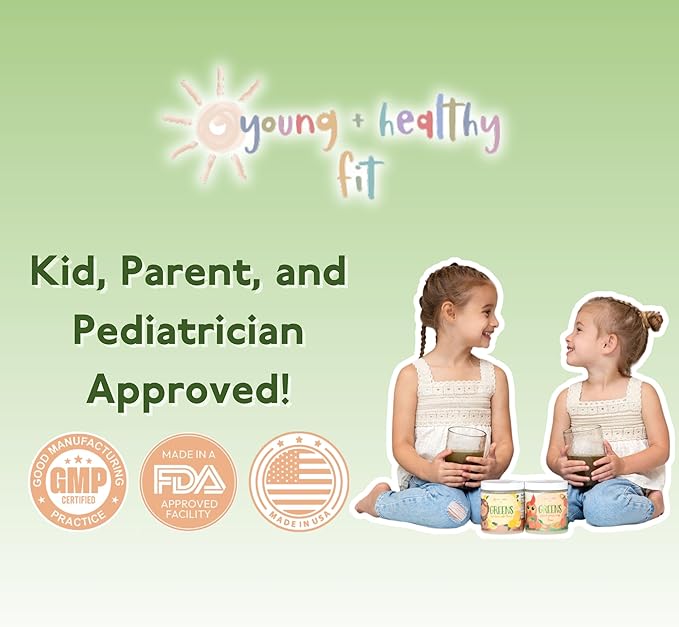 Young + Healthy Fit Kids Greens Powder, 30 Servings, Lion Lemonade, Superfood Drink Mix With Fiber for Digestive Health, Organic Fruits & Vegetables, Antioxidants, Real Food Ingredients, Ages 2+