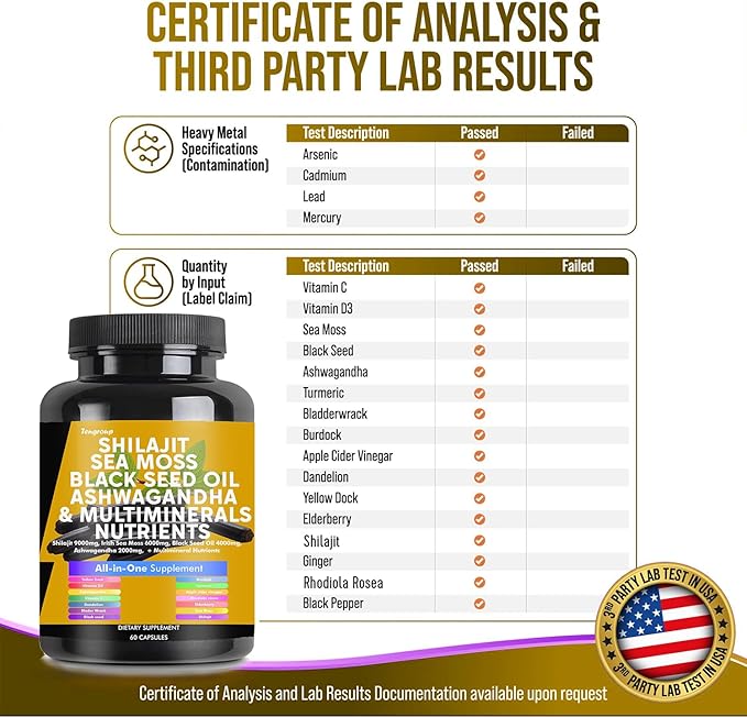 Shilajit 9000mg Sea Moss 6000mg Black Seed Oil 4000mg Ashwagandha 2000mg Burdock 1000mg & Vitamin C & D3 with Elderberry rhodiola rosea Dandelion Yellow Dock Turmeric ACV