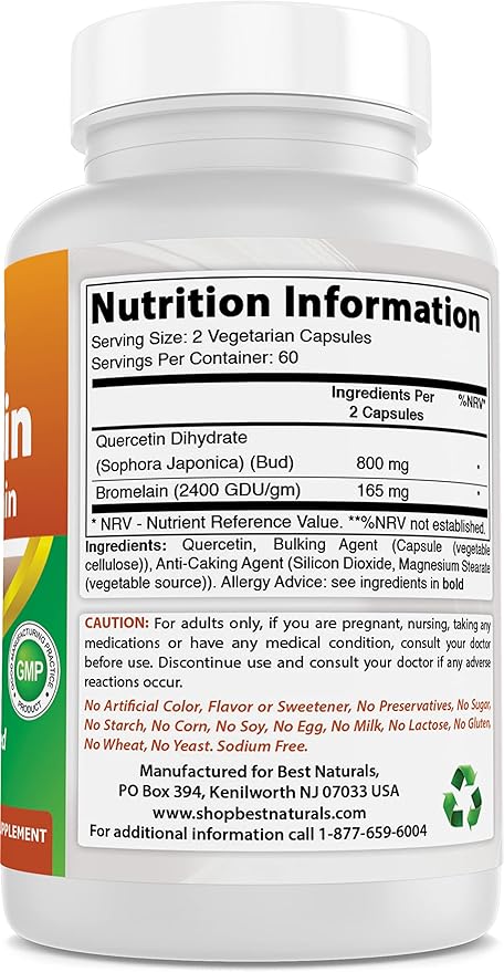 Best Naturals Quercetin with Bromelain Veggie Capsule - 800mg of Quercetin & 165 mg of Bromelain (2400 GDU/g), 120 Count