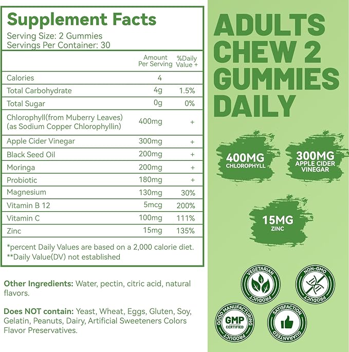 Chlorophyll Gummies for Body Odor Deodorant* 2 Pack, Sugar Free Chewable Chlorophyll for Immune Support Women Vegan Non-GMO, 120 Count (Lemon)