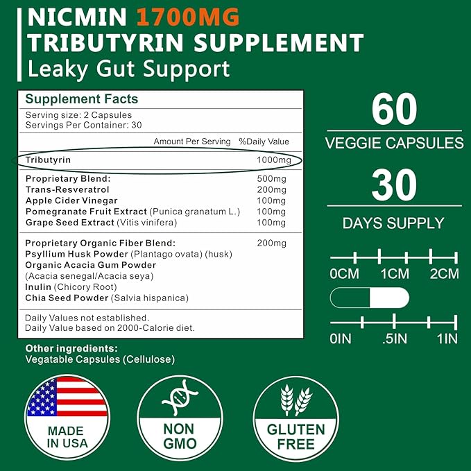 Tributyrin Supplement - Premium Butyrate Gut Health Supplement for Leaky Gut 60 Capsules
