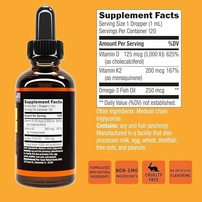 Vitamin D3 K2 Liquid Drops 5000 IU (4oz) Maximum Strength Vitamin D, K, MCT Oil & Omega 3 Bone, Heart, Joint, Muscle Support Supplement. Fast Absorption Formula. 4 in 1 Complex Formula Non-GMO