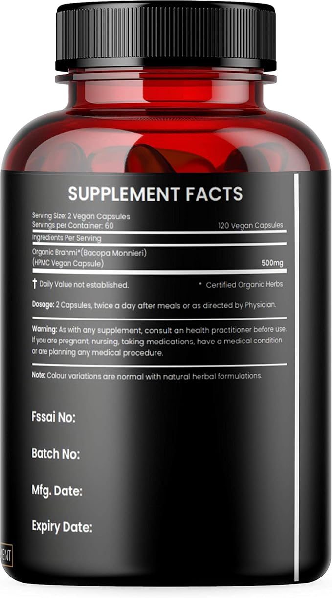 Bacopa, Organic Brain Booster, Nootropic Brain Supplement, Bacopa Monnieri/Brahmi, for Mental Sharpness, Focus, Memory, and Cognitive Wellness, 120 Capsules 500mg, 2 Month Supply