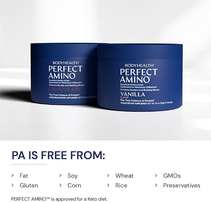 BodyHealth PerfectAmino Powder - BCAA and EAA Powder for Pre and Post Workout - Amino Acid Energy Drink for Men and Women to Support Lean Muscle and Recovery - Vanilla - 20 Servings