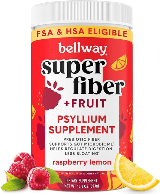 Bellway Super Fiber Powder + Fruit, Sugar Free Organic Psyllium Husk Powder Fiber Supplement for Regularity, Bloating Relief & Gut Health, Non-GMO, Plant-Based, Raspberry Lemon (50 Servings)