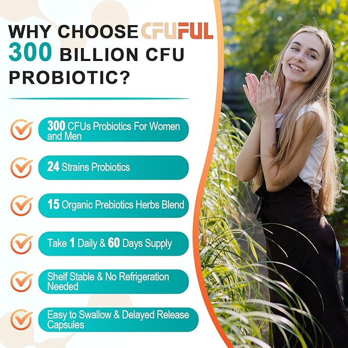 300 Billion CFU & 24 Strains Probiotic with 15 Organic Herbs Prebiotics, for Overall Digestive Health, Immune, Constipation, Gut & Bloating Health - 1 Pack -145