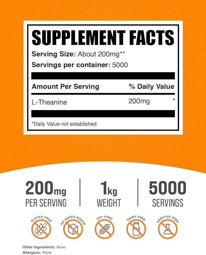 BulkSupplements.com L-Theanine Powder - L-Theanine Supplement, L-Theanine 200mg - Amino Amino Supplement, Pure & Gluten Free, 200mg per Serving, 1kg (2.2 lbs) (Pack of 1)