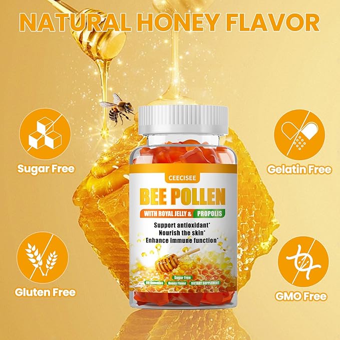 Bee Pollen Gummies with 1000mg Bee Pollen,300mg Royal Jelly,300mg Propolis,Calcium and Vitamin B6,C for People’s Skin,Immune,Energy,Honey Flavor (60 Count)