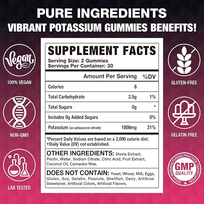 2 Pack Potassium Citrate Gummies, High Potassium Supplement (1000mg), Supports Leg Cramps & Muscle Health, Suitable for Adults & Kids, Vegan, Non-GMO, 120-Count