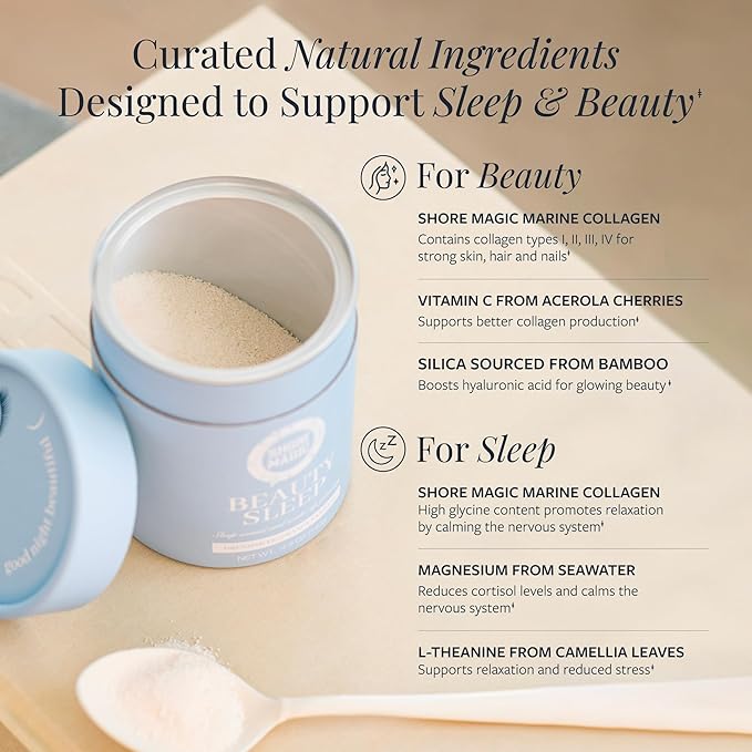 Beauty Sleep Marine Collagen Powder with Types I, II, III & IV Hydrolyzed Peptides, Magnesium, L-Theanine, Orange Vanilla Flavor, Egg, Nut, Dairy, Gluten & Sugar Free, Melatonin-Free