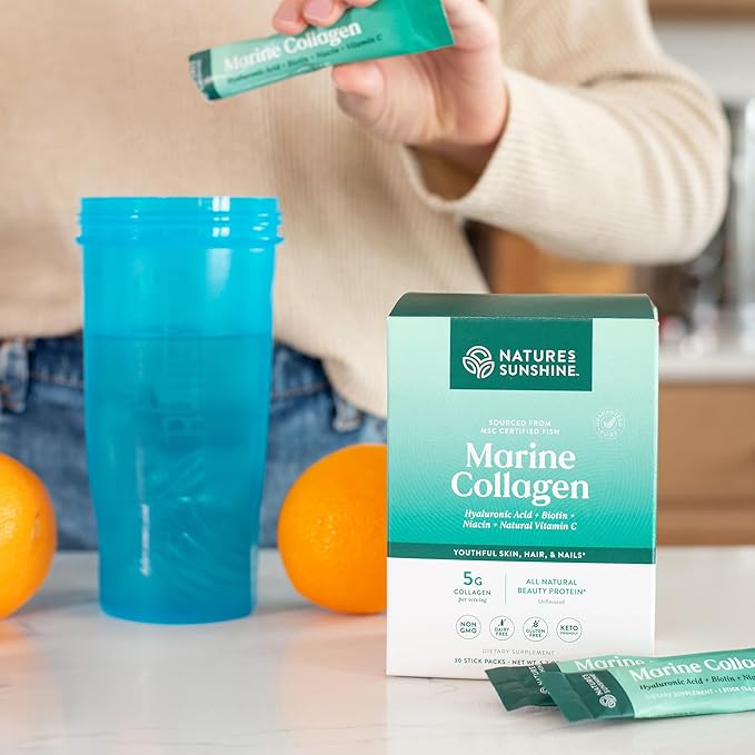 Nature's Sunshine Marine Collagen - Premium Wild-Caught Alaskan Pollock Collagen Powder - Unflavored to-Go Sticks to Support Radiant Skin and Healthy Joints